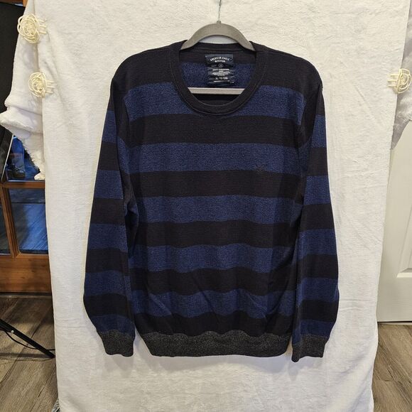 AMERICAN EAGLE Sweater Pullover Crewneck Cotton Navy Black Wide Stripe Men's XL - Picture 7 of 8